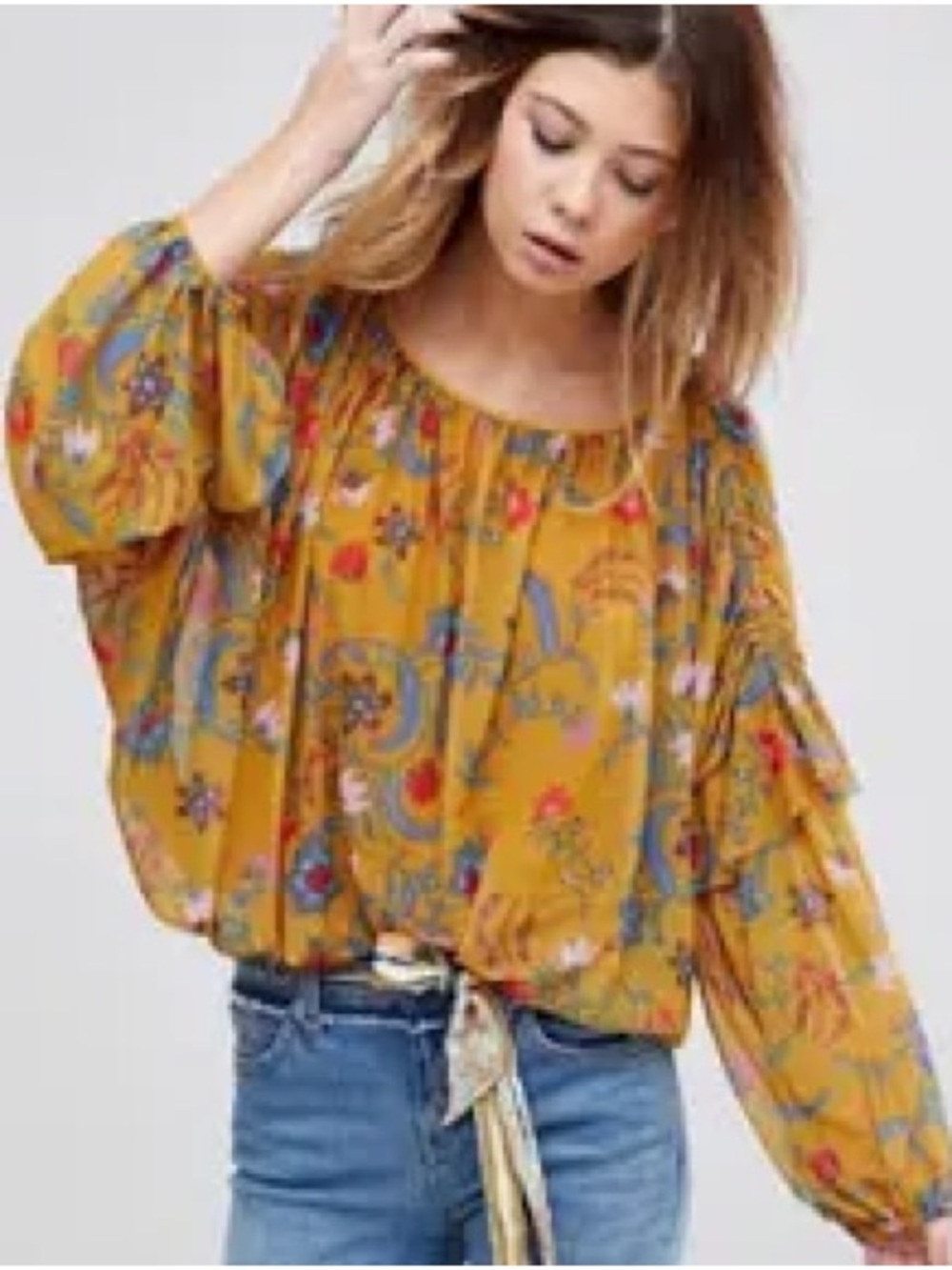 Free People Wildflower Honey Mesh Top Blouse Sz S Mustard Yellow Ruched Sleeves
